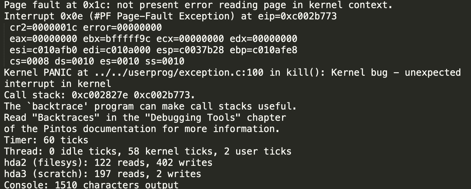 An error message displayed in the terminal, featuring a page fault and kernel panic