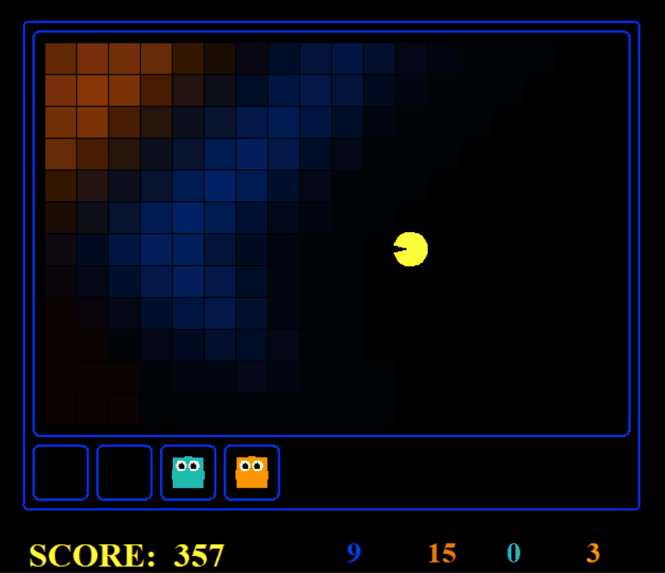 Pacman moving around a multicolored board